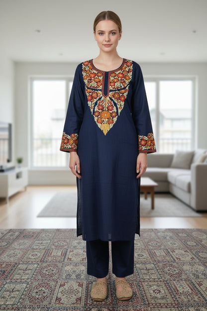 Women Cotton Suits with Kashmiri Hand Embroidery Two Piece Suit - Blue