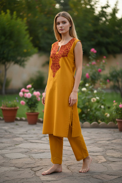 Women Cotton Suits with Kashmiri Hand Embroidery Two Piece Suit - Mustard