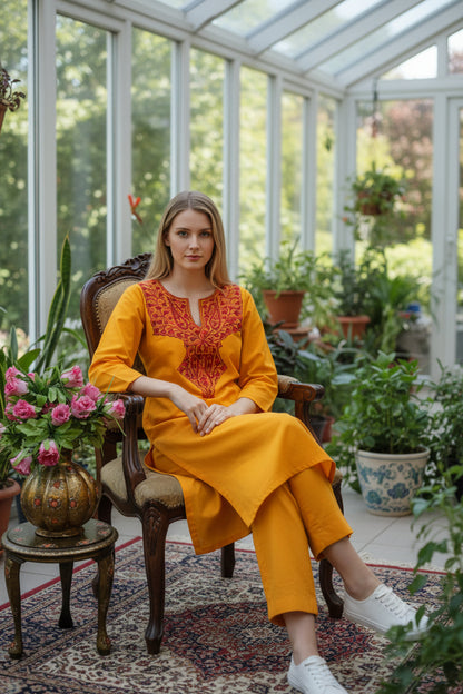 Women Cotton Suits with Kashmiri Hand Embroidery Two Piece Suit - Mustard