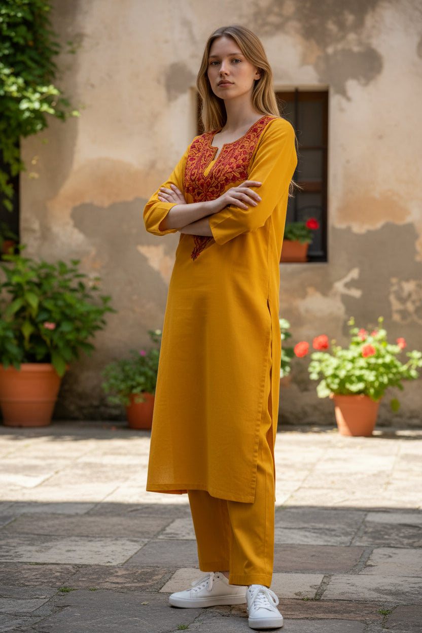 Women Cotton Suits with Kashmiri Hand Embroidery Two Piece Suit - Mustard