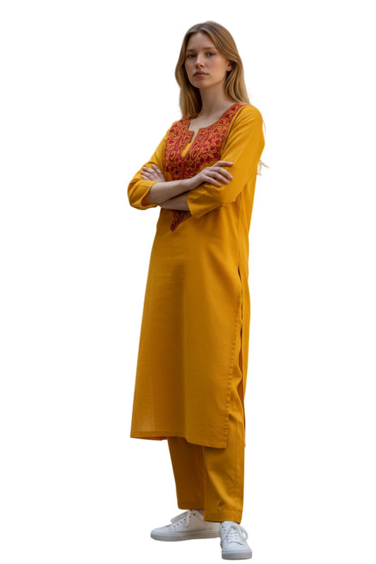 Women Cotton Suits with Kashmiri Hand Embroidery Two Piece Suit - Mustard