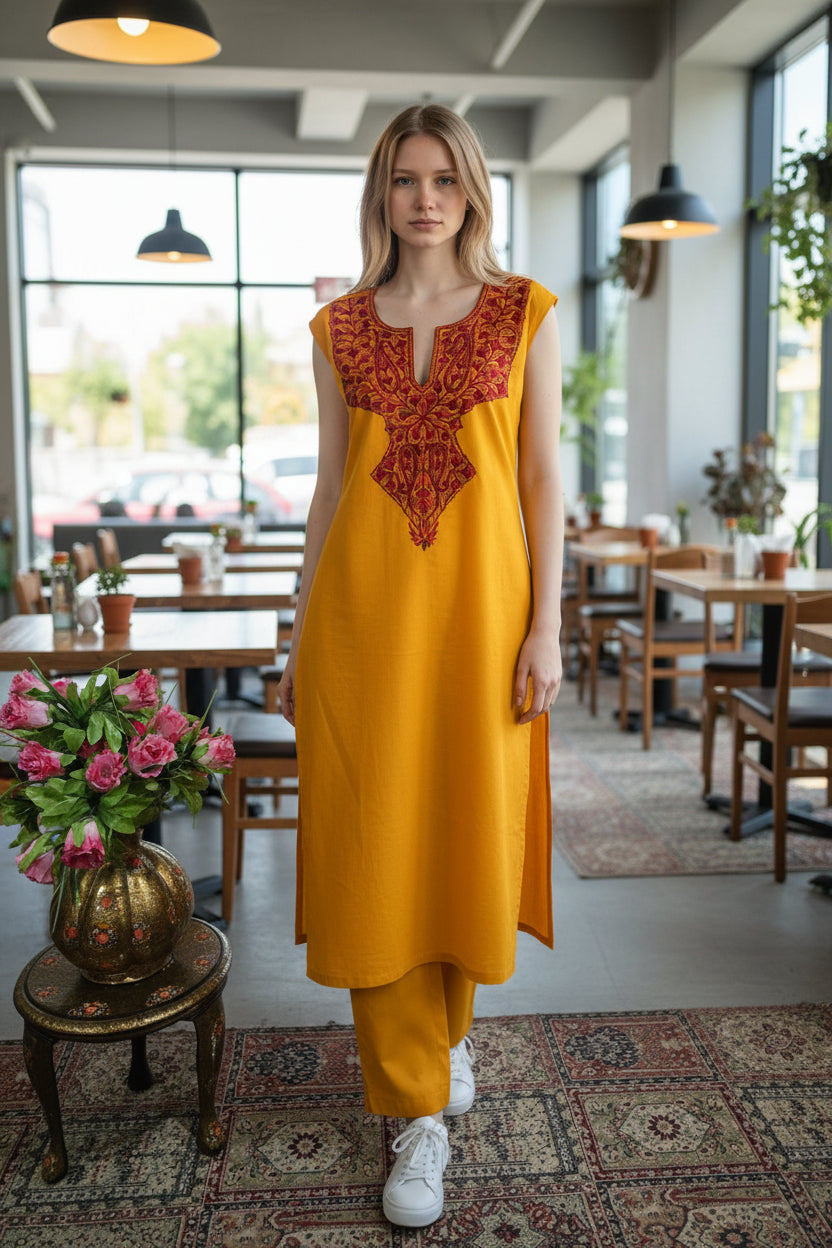 Women Cotton Suits with Kashmiri Hand Embroidery Two Piece Suit - Mustard