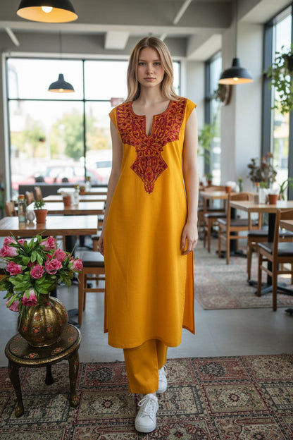 Women Cotton Suits with Kashmiri Hand Embroidery Two Piece Suit - Mustard