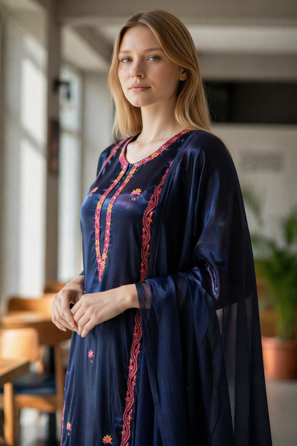 Women Silk Suits with Kashmiri Hand Embroidery |Three Piece Suit | Blue
