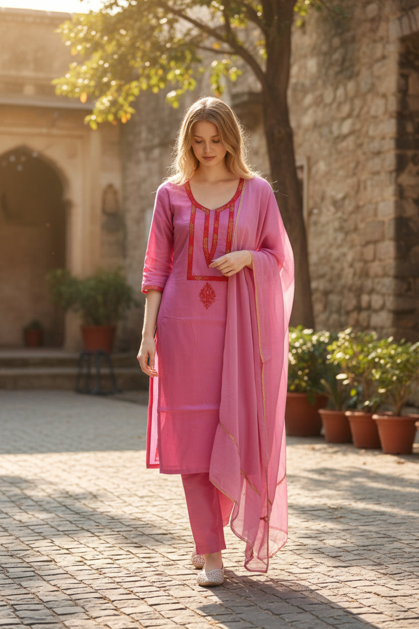 Women Silk Suits with Kashmiri Hand Embroidery - Three Piece Suit- Pink