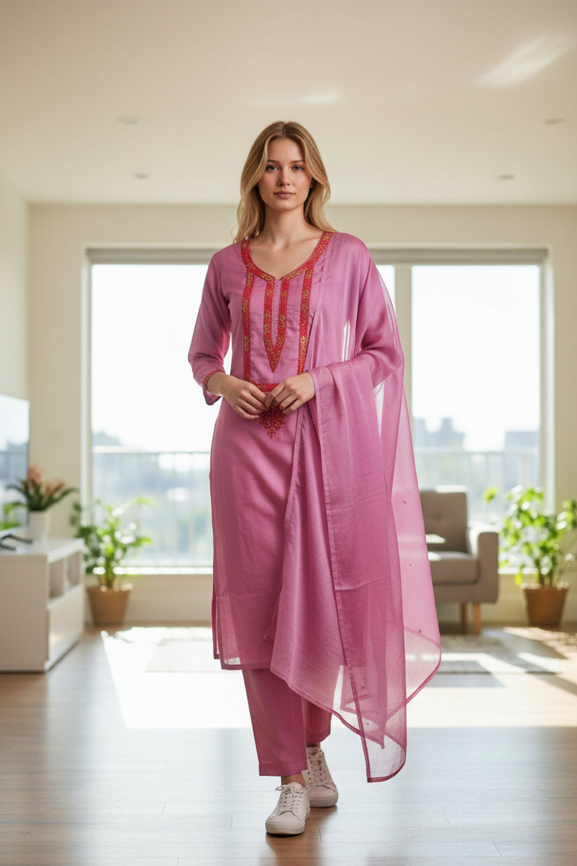 Women Silk Suits with Kashmiri Hand Embroidery - Three Piece Suit- Pink