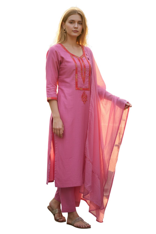Women Silk Suits with Kashmiri Hand Embroidery - Three Piece Suit- Pink