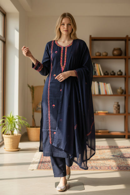 Women Silk Suits with Kashmiri Hand Embroidery |Three Piece Suit | Blue