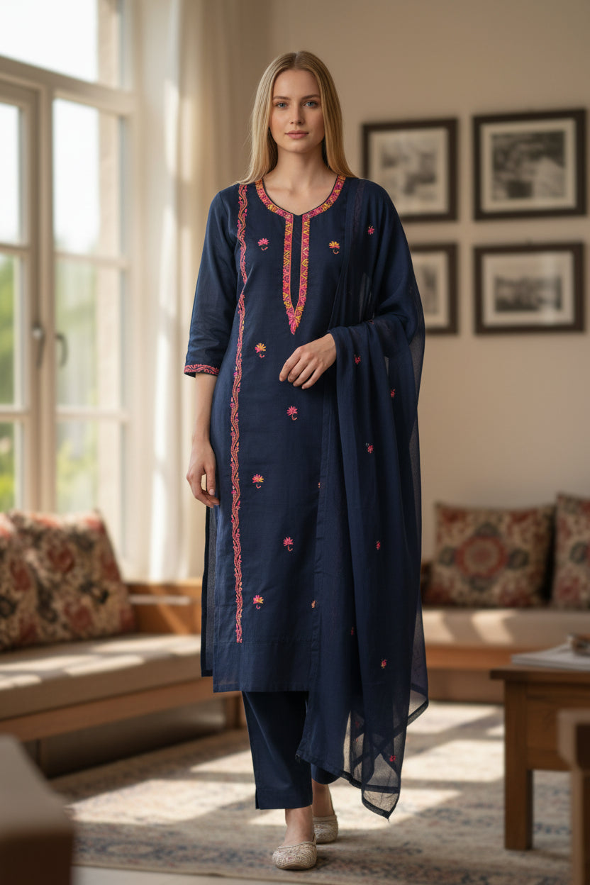 Women Silk Suits with Kashmiri Hand Embroidery |Three Piece Suit | Blue