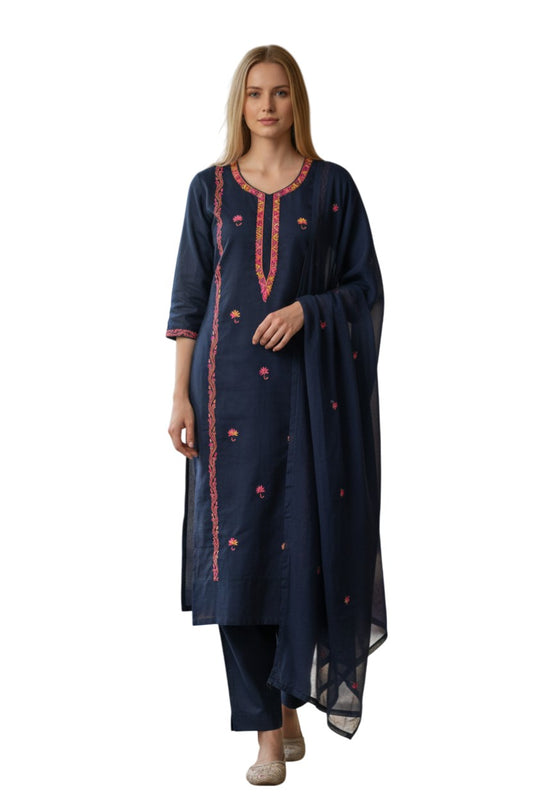 Women Silk Suits with Kashmiri Hand Embroidery |Three Piece Suit | Blue