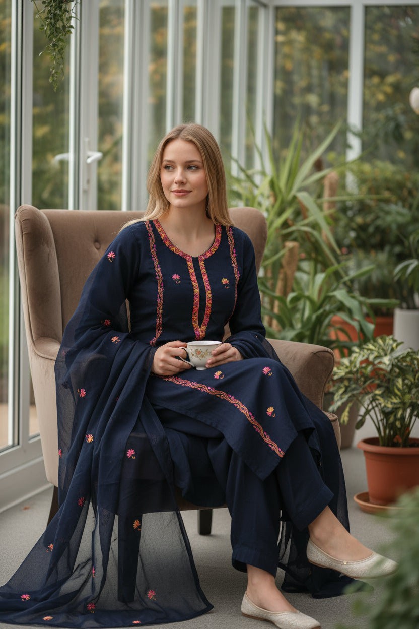 Women Silk Suits with Kashmiri Hand Embroidery |Three Piece Suit | Blue