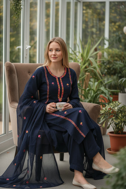 Women Silk Suits with Kashmiri Hand Embroidery |Three Piece Suit | Blue