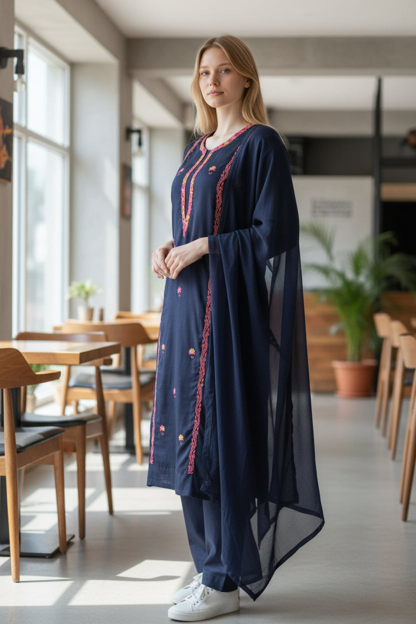 Women Silk Suits with Kashmiri Hand Embroidery |Three Piece Suit | Blue