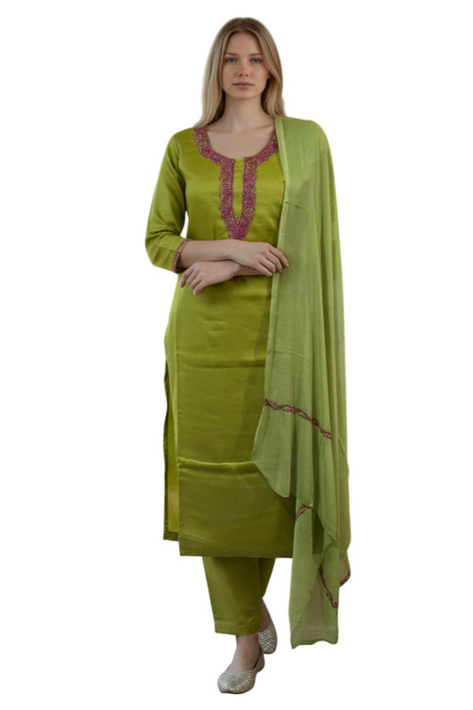 Women Silk Suits with Kashmiri Hand Embroidery - Three Piece Suit- Green