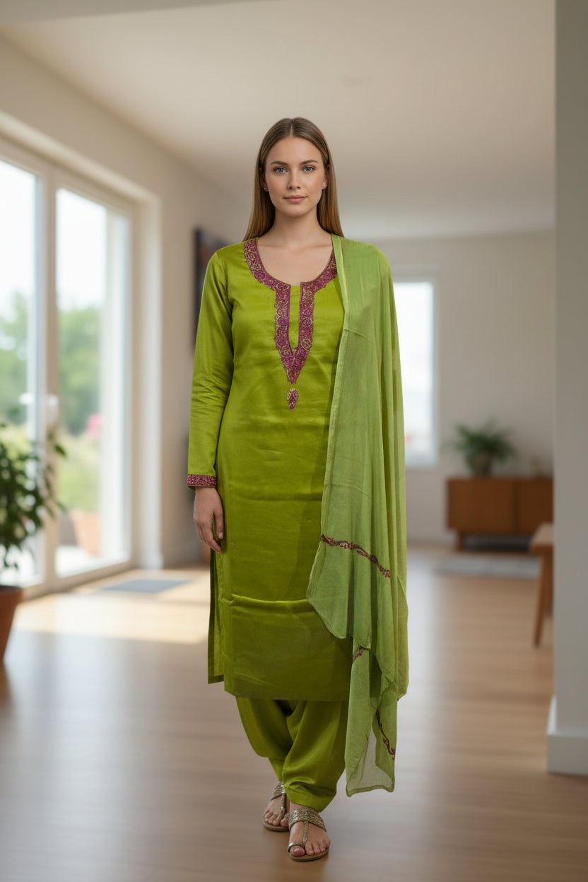Women Silk Suits with Kashmiri Hand Embroidery - Three Piece Suit- Green