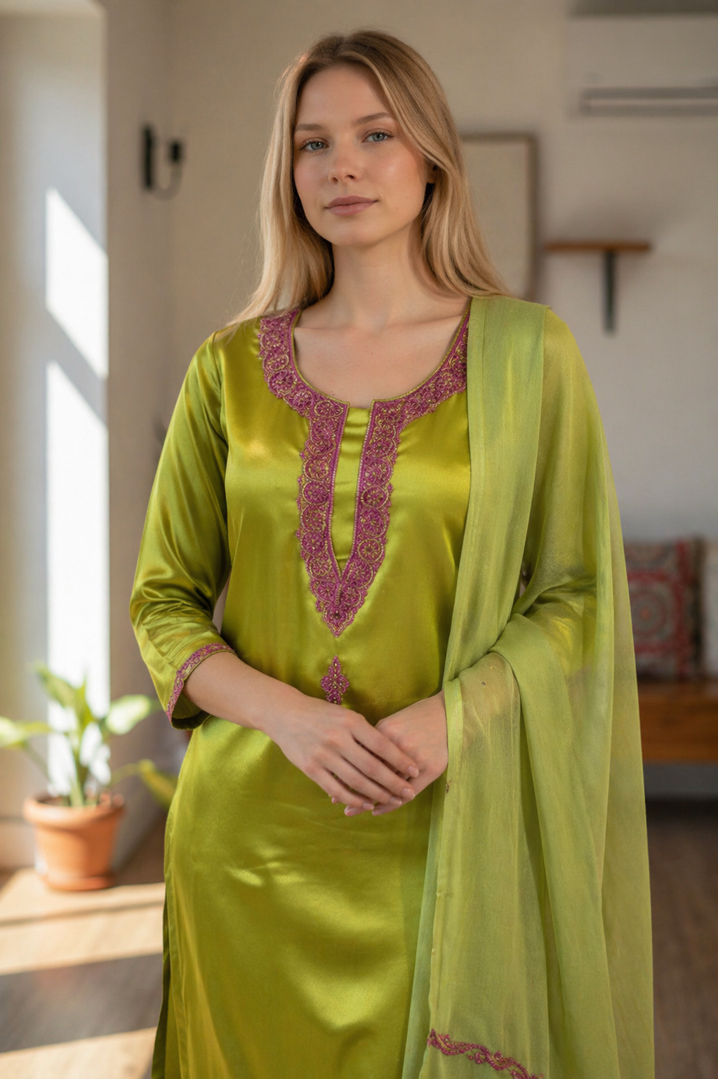 Women Silk Suits with Kashmiri Hand Embroidery - Three Piece Suit- Green