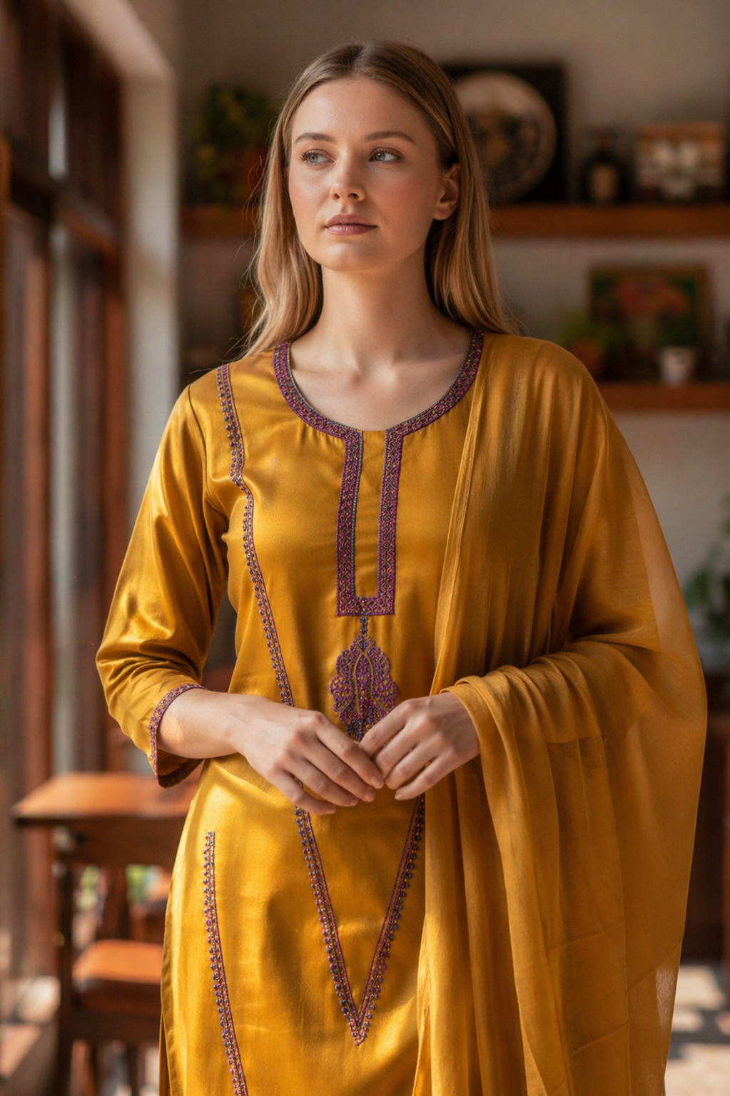 Women Silk Suits with Kashmiri Hand Embroidery |Three Piece Suit | Mustard
