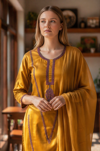 Women Silk Suits with Kashmiri Hand Embroidery |Three Piece Suit | Mustard