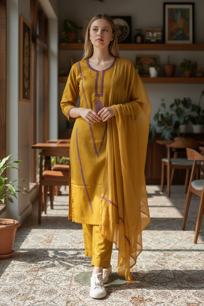 Women Silk Suits with Kashmiri Hand Embroidery |Three Piece Suit | Mustard