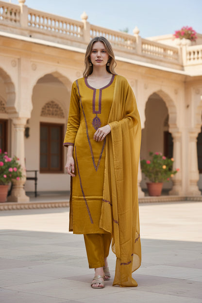 Women Silk Suits with Kashmiri Hand Embroidery |Three Piece Suit | Mustard