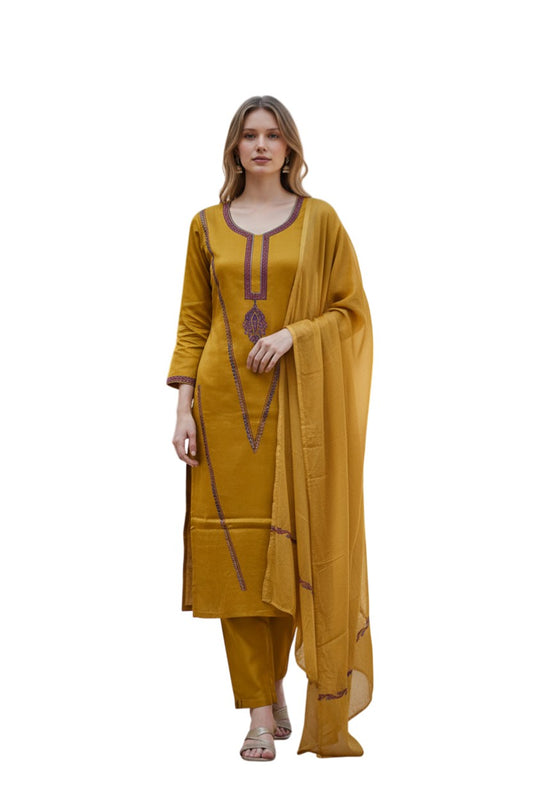 Women Silk Suits with Kashmiri Hand Embroidery |Three Piece Suit | Mustard