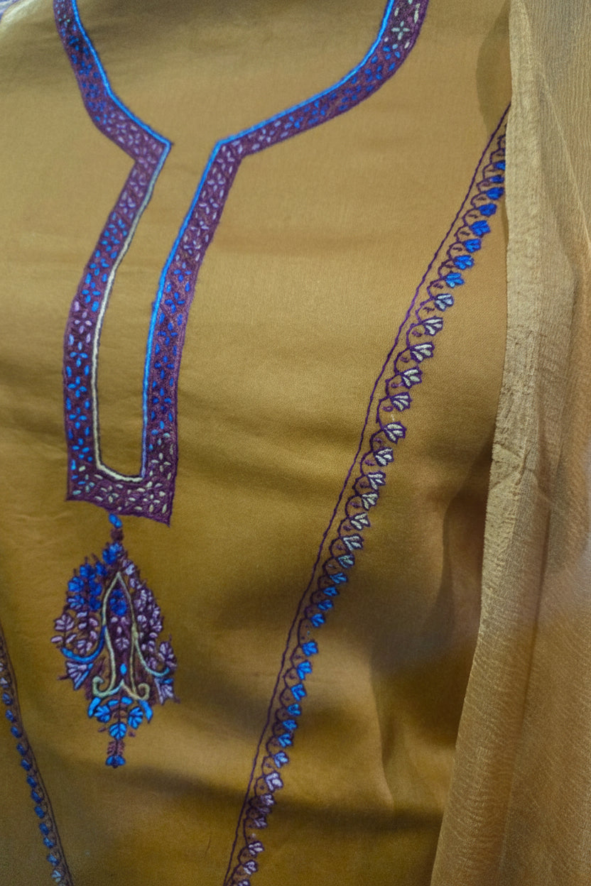 Women Silk Suits with Kashmiri Hand Embroidery |Three Piece Suit | Mustard
