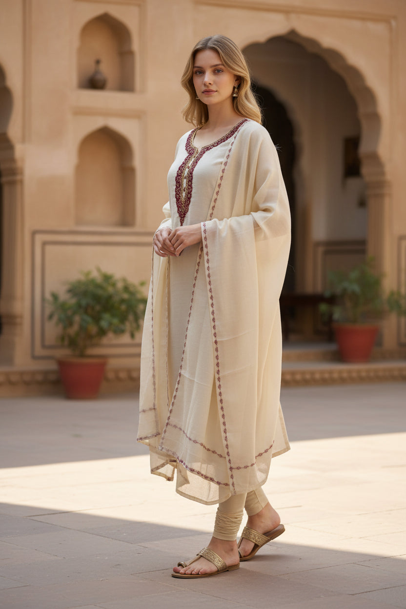 Women Silk Suits with Kashmiri Hand Embroidery - Three Piece Suit- OffWhite