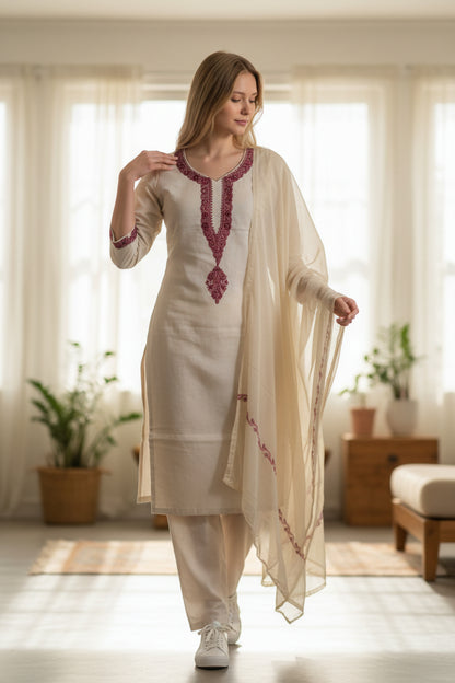 Women Silk Suits with Kashmiri Hand Embroidery - Three Piece Suit- OffWhite