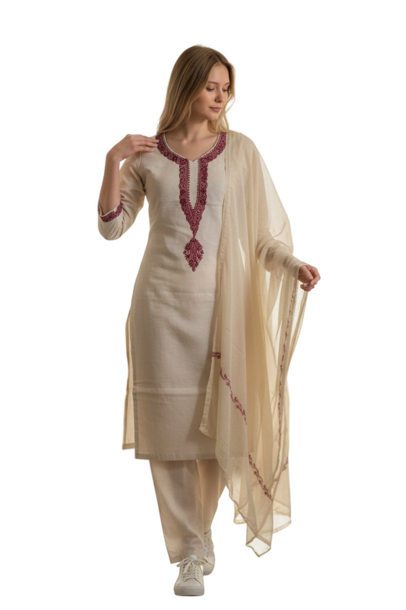 Women Silk Suits with Kashmiri Hand Embroidery - Three Piece Suit- OffWhite