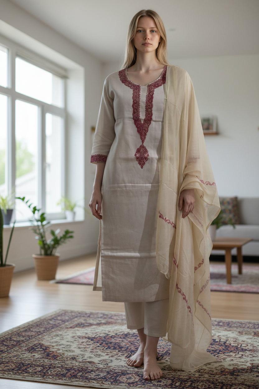 Women Silk Suits with Kashmiri Hand Embroidery - Three Piece Suit- OffWhite
