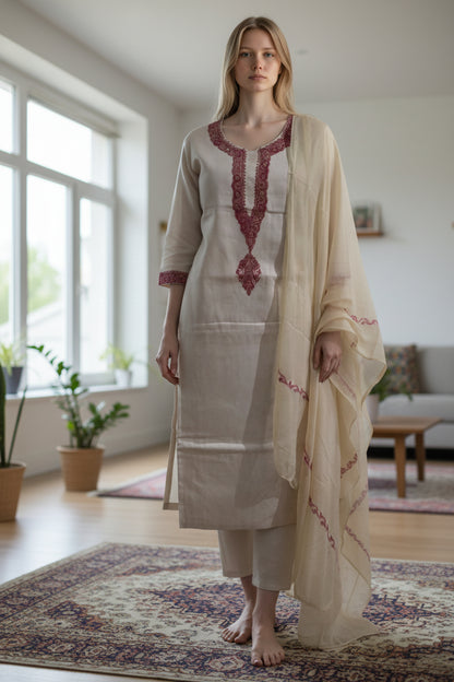 Women Silk Suits with Kashmiri Hand Embroidery - Three Piece Suit- OffWhite