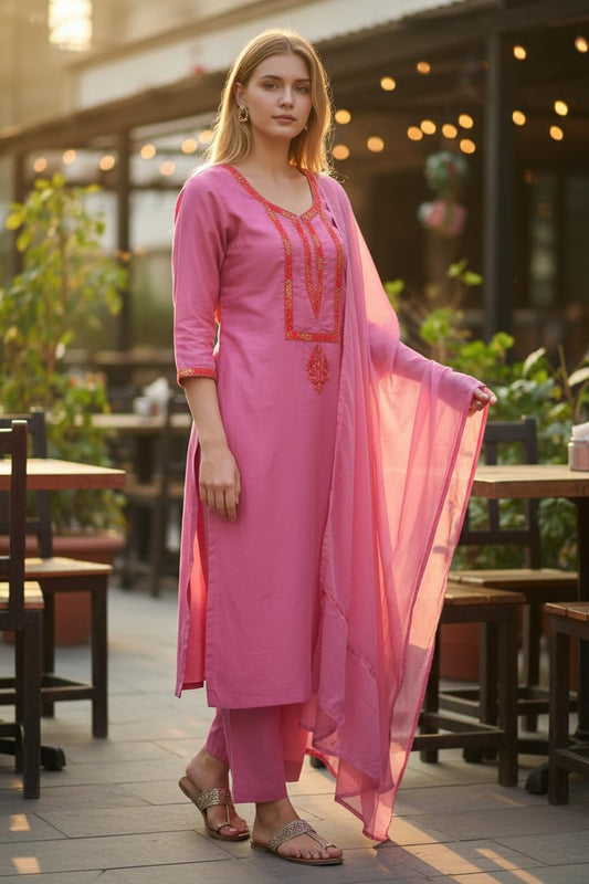 Women Silk Suits with Kashmiri Hand Embroidery - Three Piece Suit- Pink