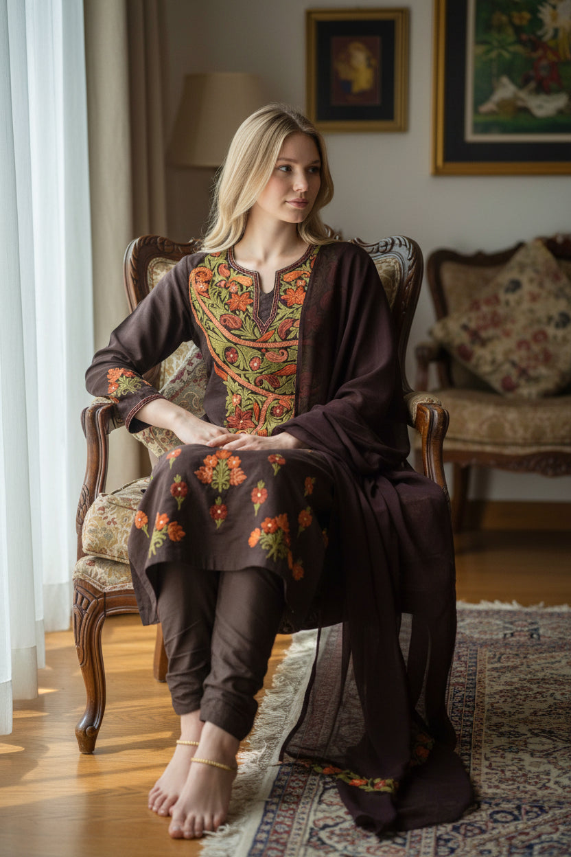 Women Cotton Suits with Kashmiri Embroidery Three Piece Suit - Chocolate