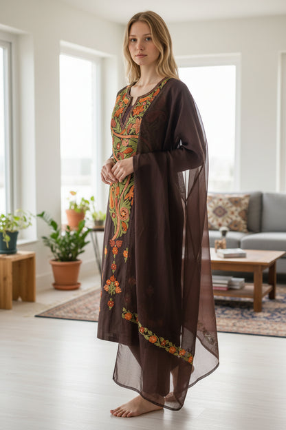 Women Cotton Suits with Kashmiri Embroidery Three Piece Suit - Chocolate