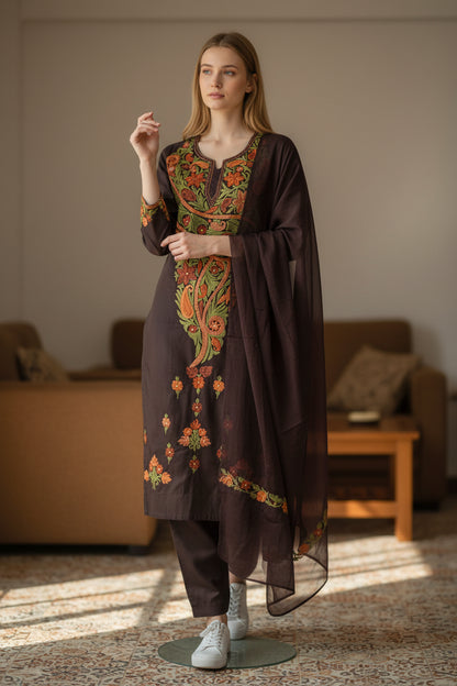Women Cotton Suits with Kashmiri Embroidery Three Piece Suit - Chocolate