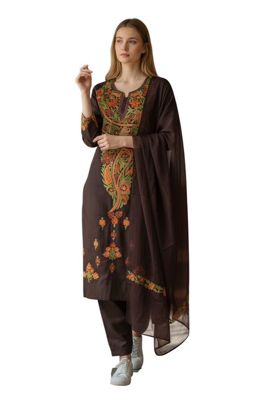 Women Cotton Suits with Kashmiri Embroidery Three Piece Suit - Chocolate