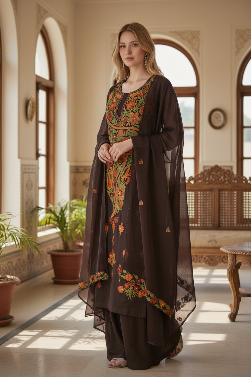 Women Cotton Suits with Kashmiri Embroidery Three Piece Suit - Chocolate