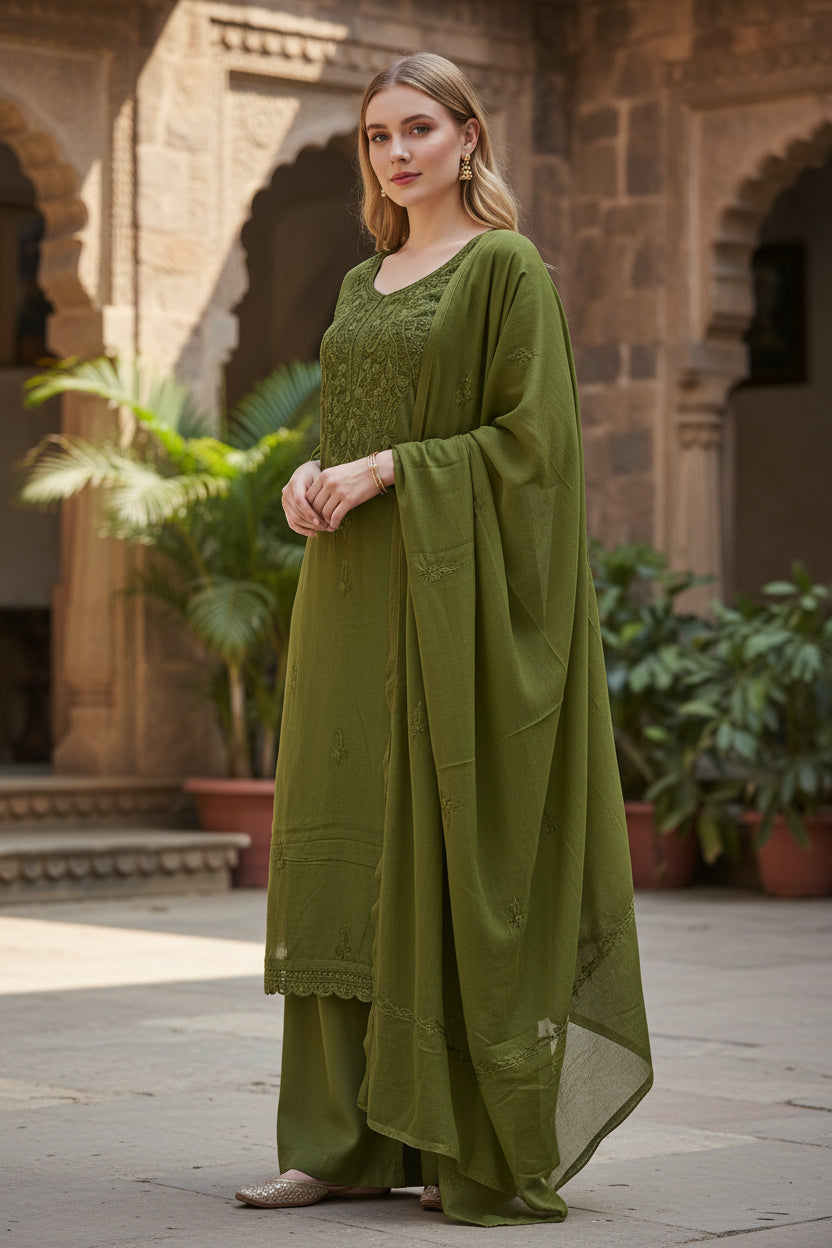 Women Cotton Suits with Kashmiri Embroidery Three Piece Suit - Light Green