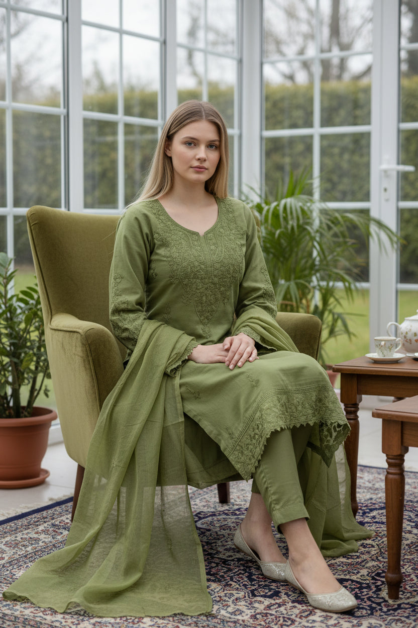 Women Cotton Suits with Kashmiri Embroidery Three Piece Suit - Light Green