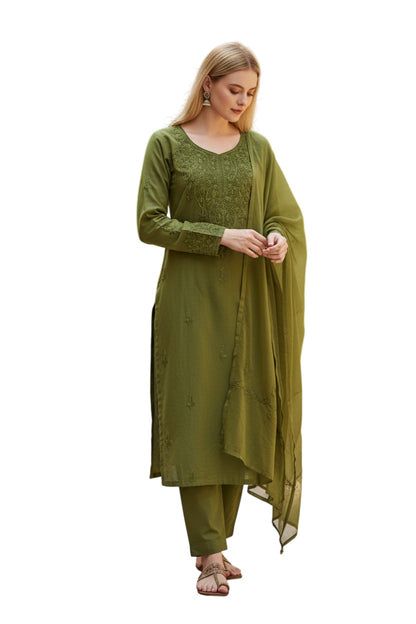 Women Cotton Suits with Kashmiri Embroidery Three Piece Suit - Light Green