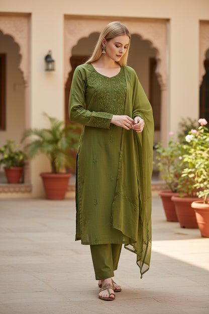 Women Cotton Suits with Kashmiri Embroidery Three Piece Suit - Light Green