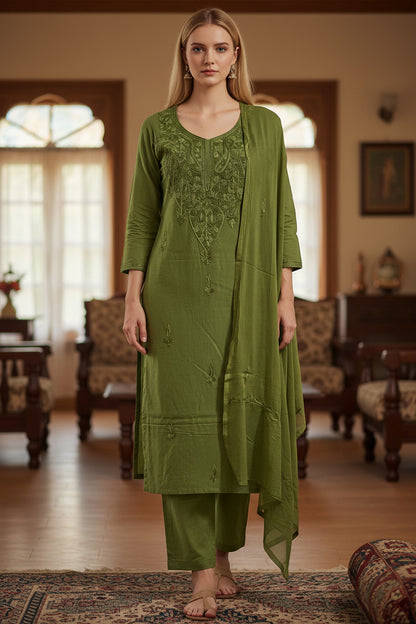 Women Cotton Suits with Kashmiri Embroidery Three Piece Suit - Light Green