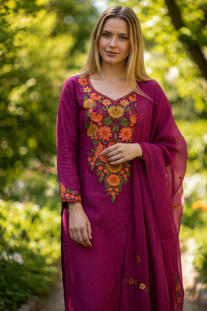 Women Cotton Suits with Kashmiri Embroidery Three Piece Suit - Tomato Red