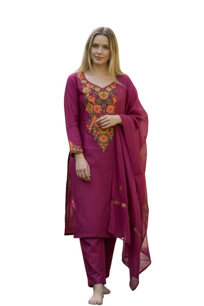 Women Cotton Suits with Kashmiri Embroidery Three Piece Suit - Tomato Red