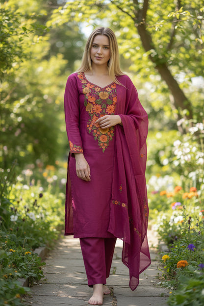 Women Cotton Suits with Kashmiri Embroidery Three Piece Suit - Tomato Red