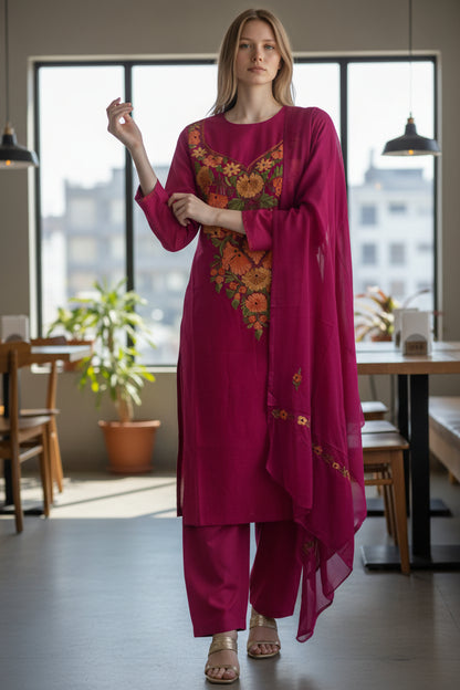 Women Cotton Suits with Kashmiri Embroidery Three Piece Suit - Tomato Red