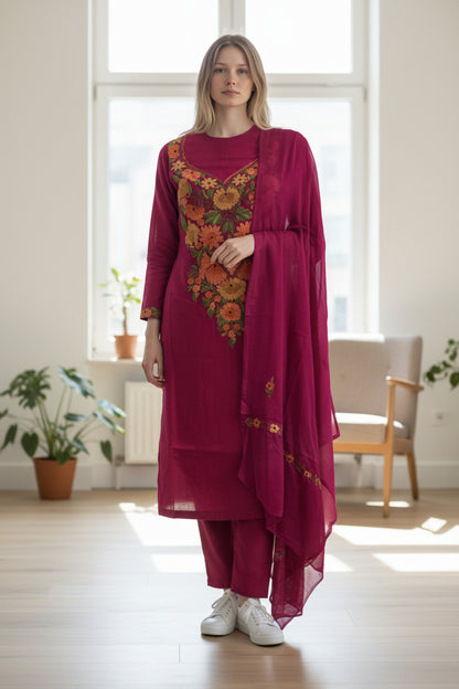 Women Cotton Suits with Kashmiri Embroidery Three Piece Suit - Tomato Red