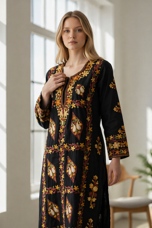 Women Cotton Suits with Kashmiri Embroidery Two Piece Suit - Black