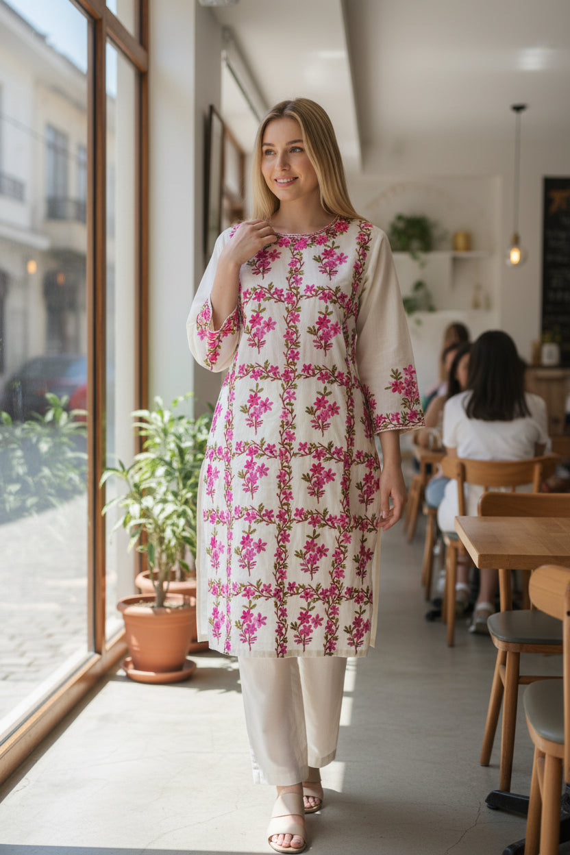 Women Cotton Suits with Kashmiri Embroidery Two Piece Suit - White