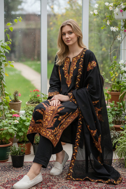 Women Cotton Suits with Kashmiri Embroidery Three Piece Suit -Black